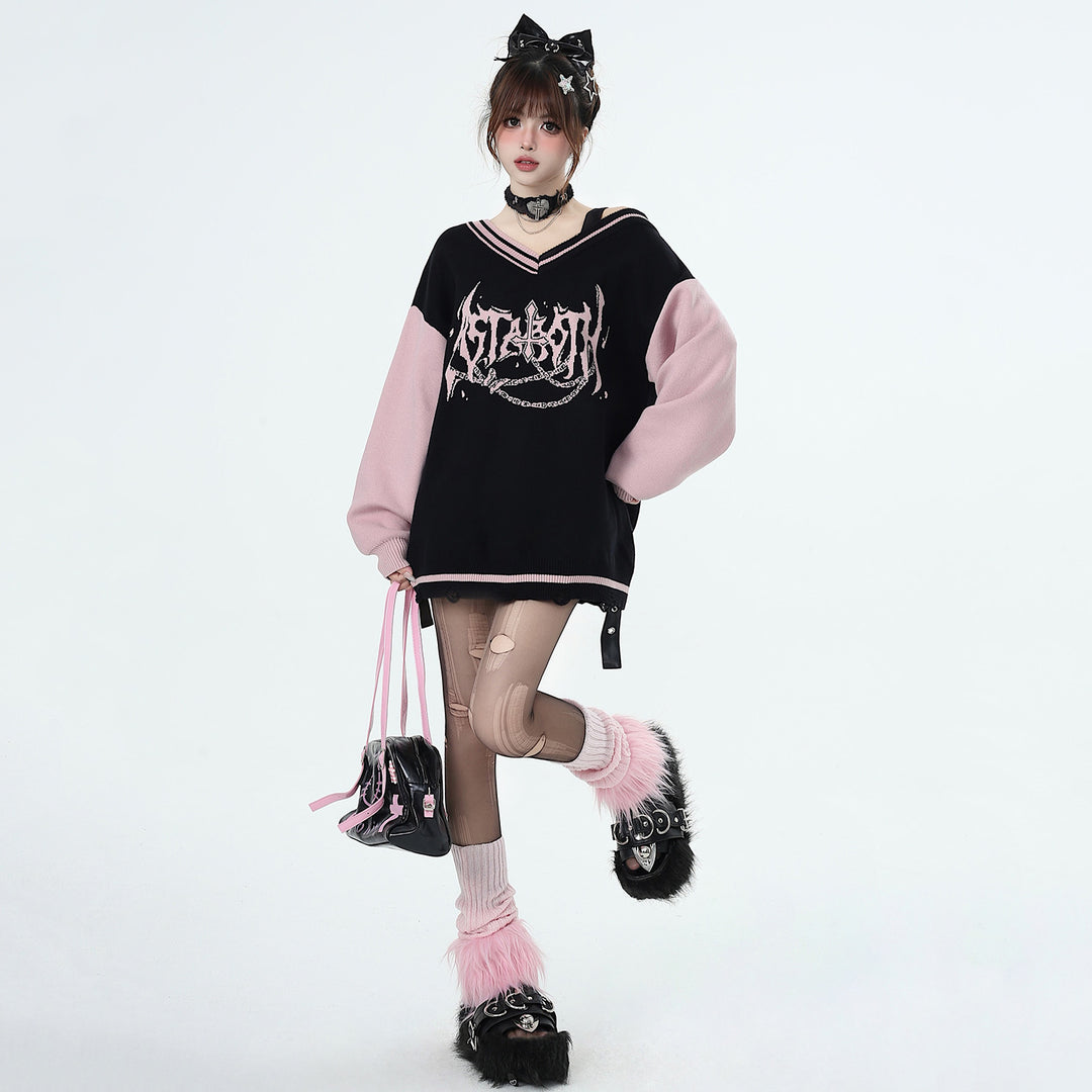 Y2K black and pink V-neck sweater for autumn winter Spring