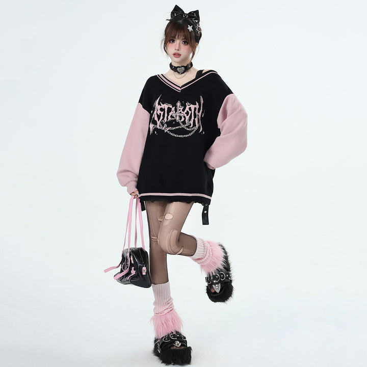 Y2K black and pink V-neck sweater for autumn winter Spring