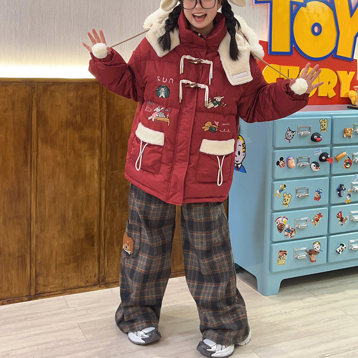 Japanese-style Cute Plaid Woolen Embroidered High-waisted Straight Pants