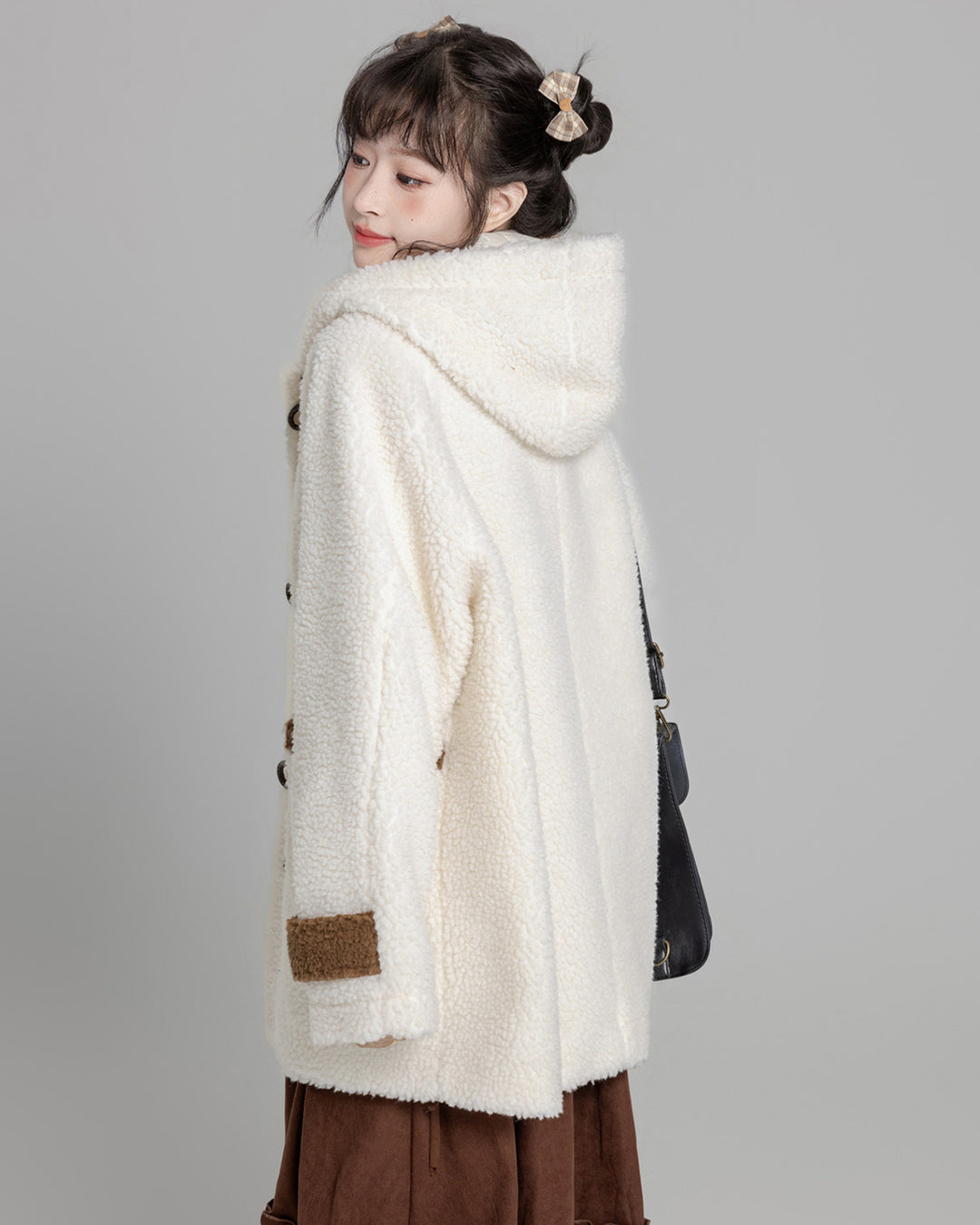 Cozy Brown/Cream White Toggle Shearling Coat