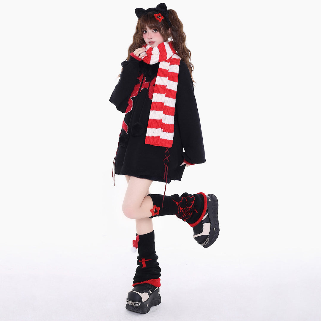 Bowknot black and red sweater for spring autumn winter