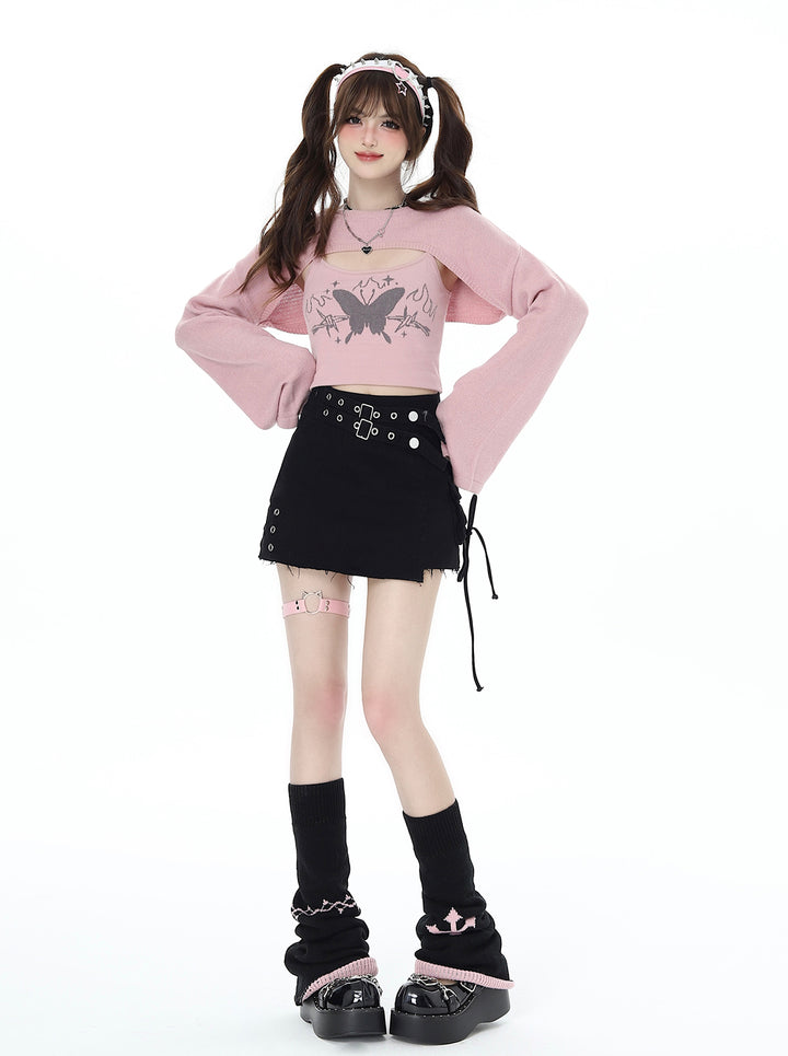 Butterfly printed pink gray long-sleeved top for spring and autumn