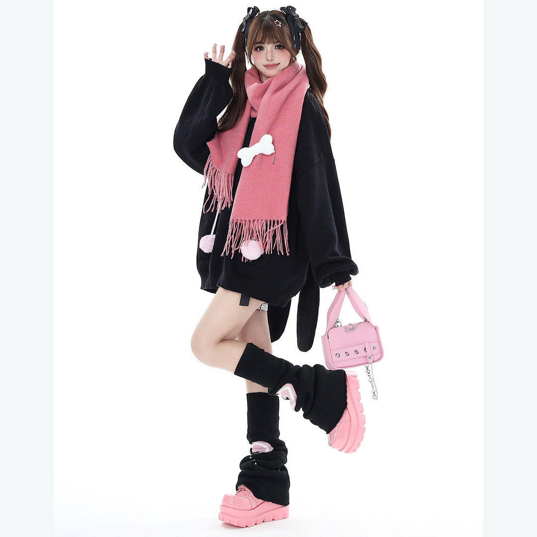 Cute Bunny Ear Zippered Hooded Knit Cardigan Sweater