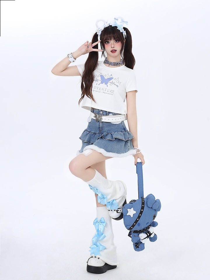 White Blue Butterfly Letters Printed Summer T-shirt