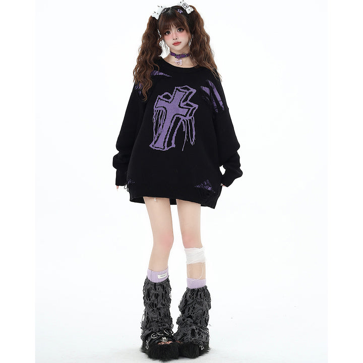 Cross Pattern Distressed Holes Black-Purple Loose Fit Sweater