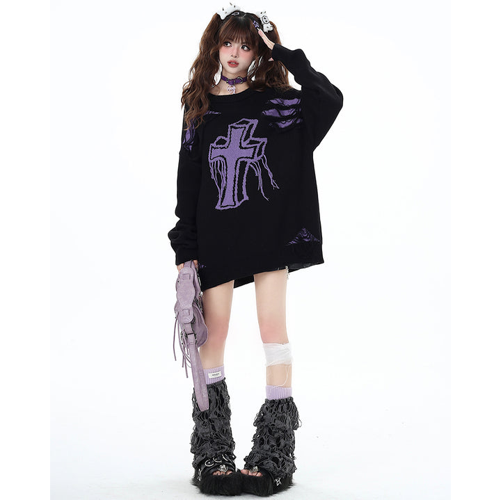 Cross Pattern Distressed Holes Black-Purple Loose Fit Sweater