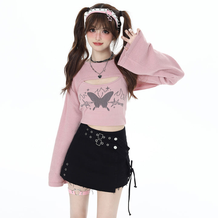 Butterfly printed pink gray long-sleeved top for spring and autumn