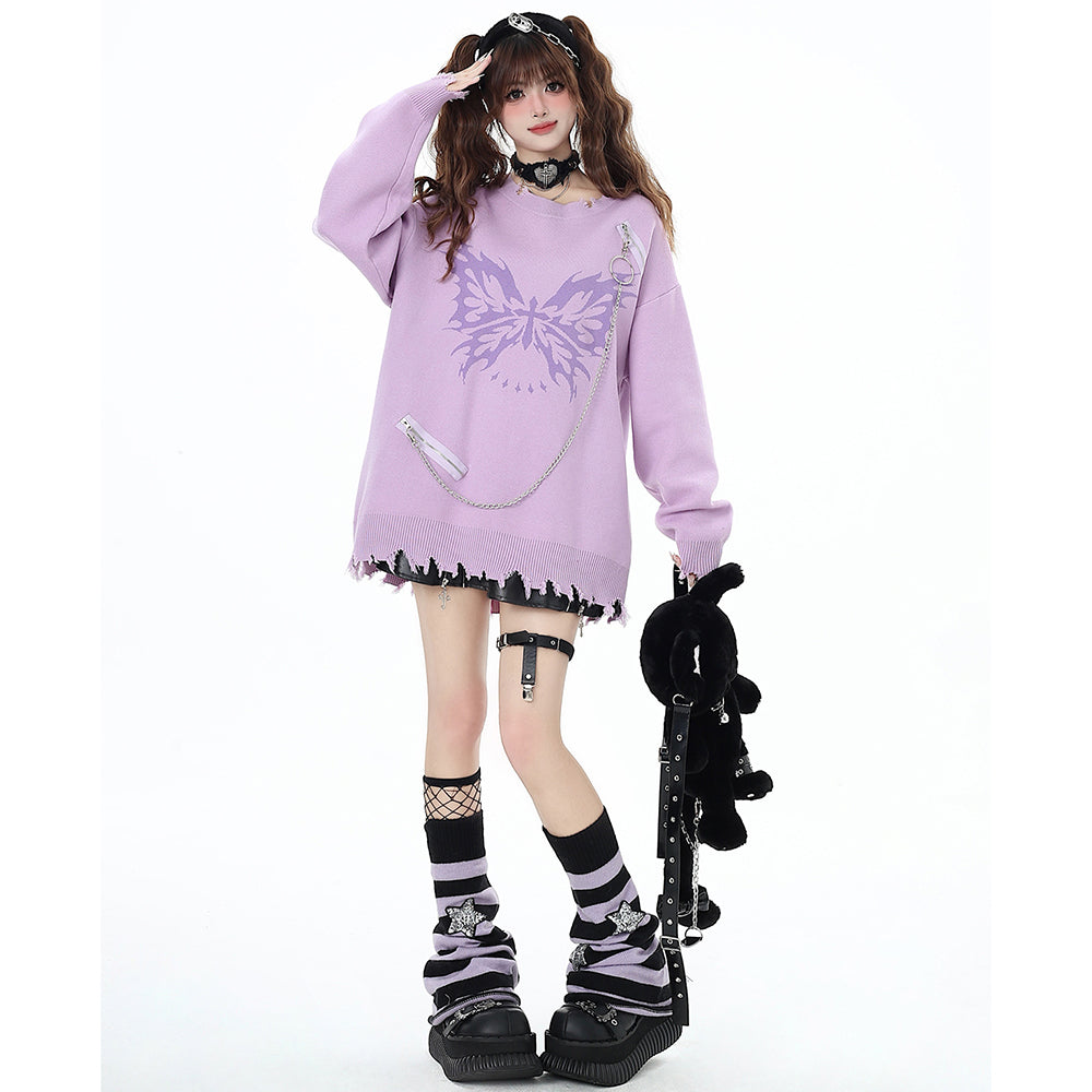 Butterfly Pattern Chain-Decorated Round Neck Knit Sweater
