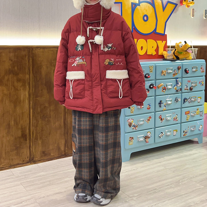 Japanese-style Cute Plaid Woolen Embroidered High-waisted Straight Pants