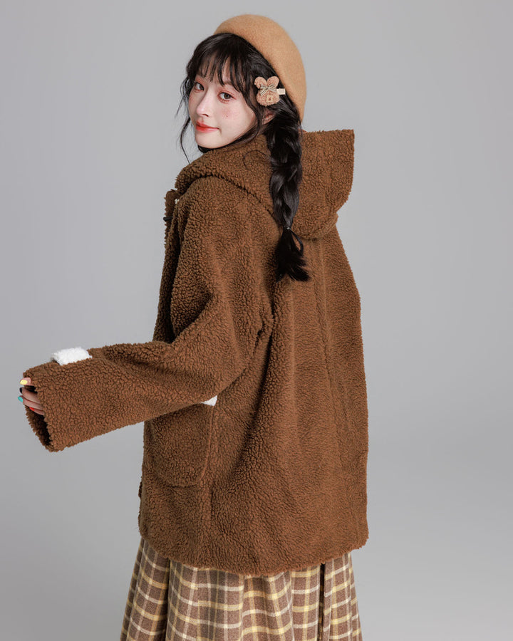 Cozy Brown/Cream White Toggle Shearling Coat