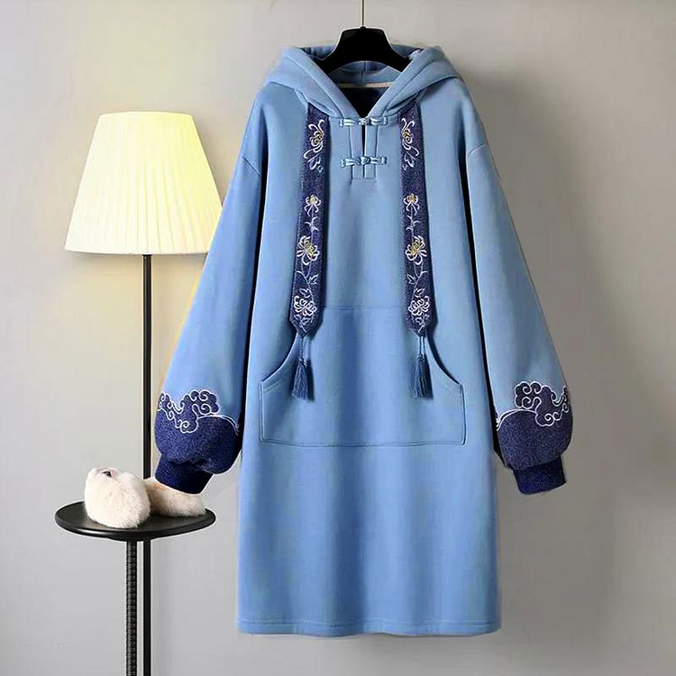 Embroidery Loose Fringed Hoodie Vintage Sweatshirt Dress
