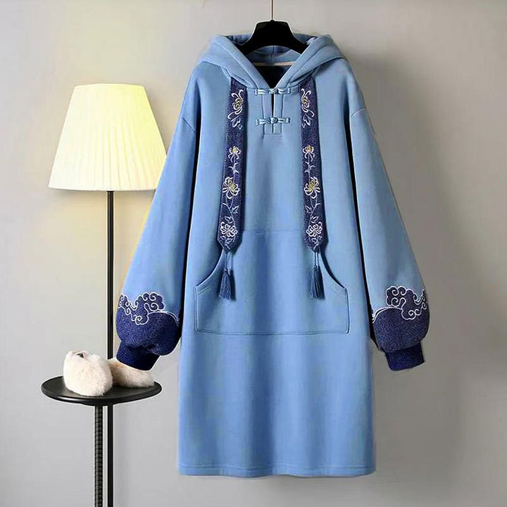 Embroidery Loose Fringed Hoodie Vintage Sweatshirt Dress