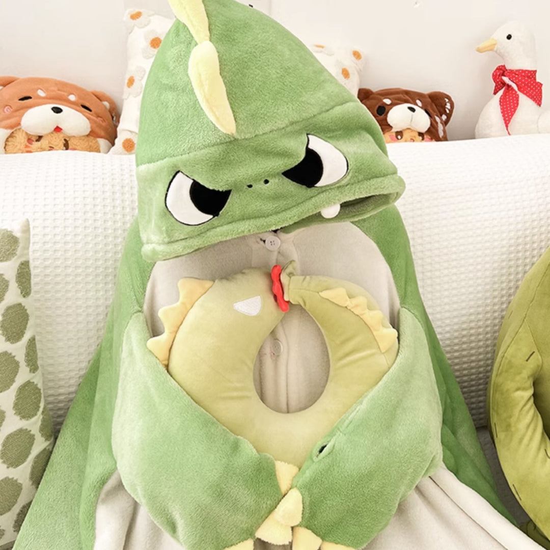 Cartoon Dinosaur Plush Hooded Blanket