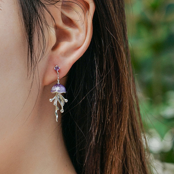 Jellyfish Silver Earrings-Blue-Purple
