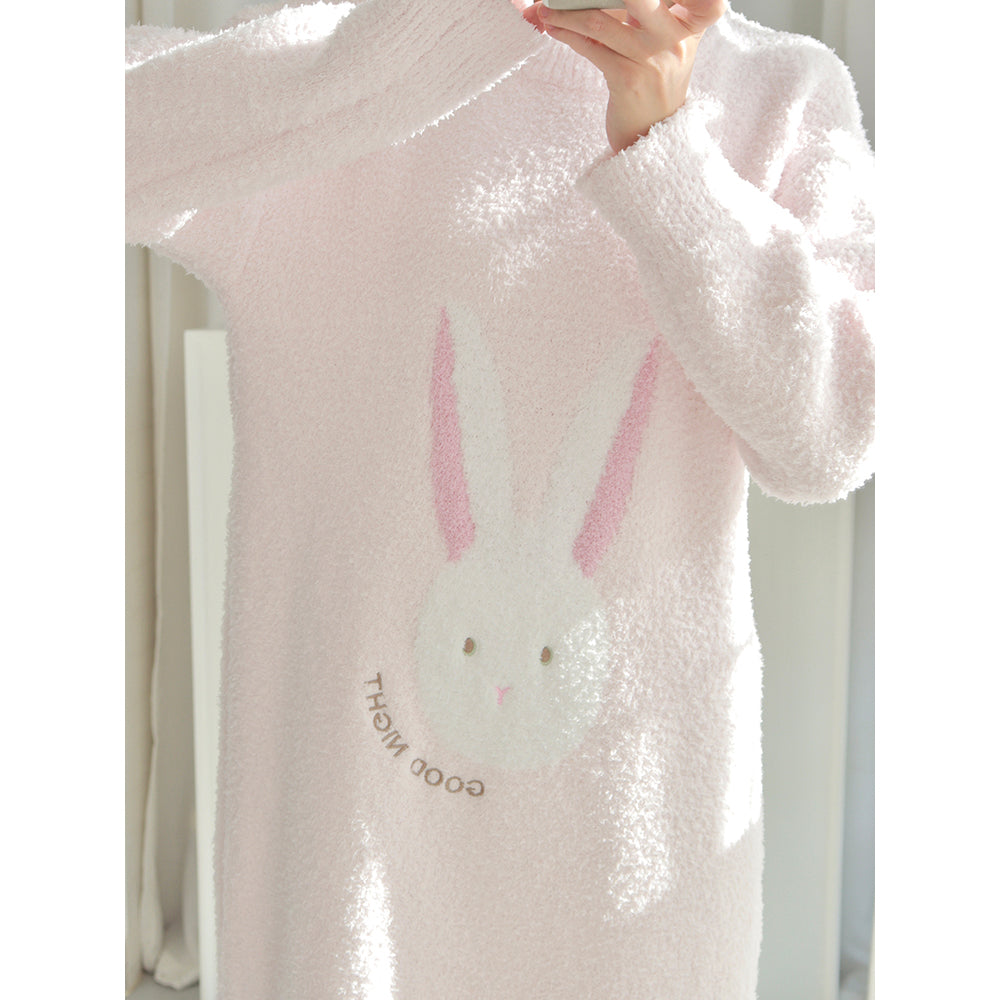 Cute Bunny Pattern Round Neck Winter Nightgown Pajamas Dress