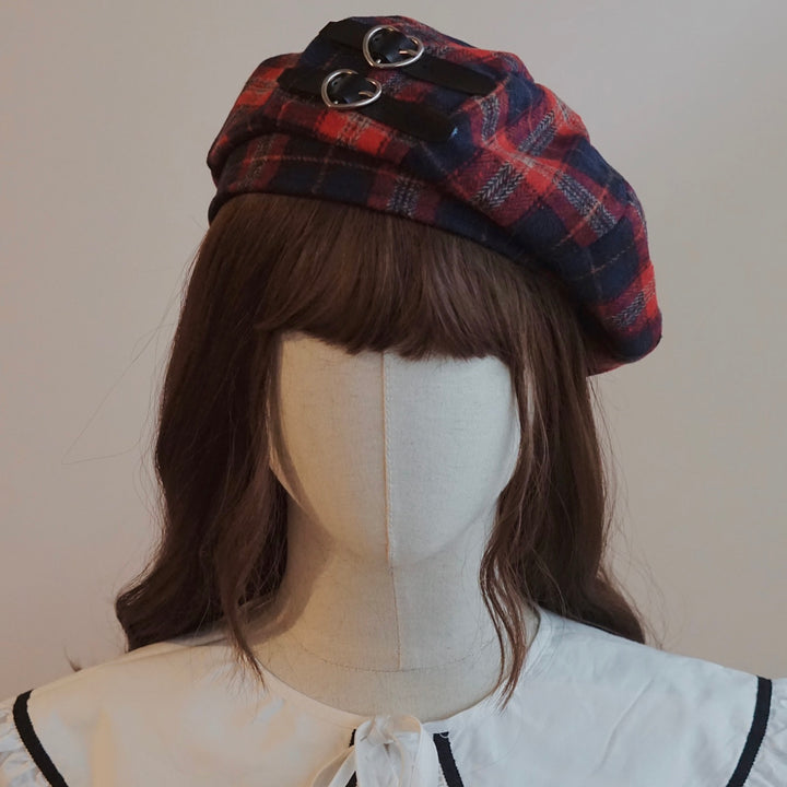 Red Plaid Beret with Leather Buckle