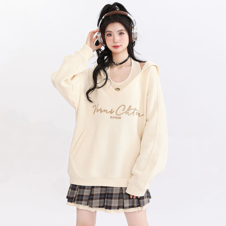 Letters Embroidery Pocket Loose Hooded Sweatshirt