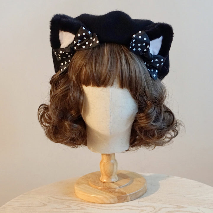 Black Polka Dot Woolen Cat Ears Beret