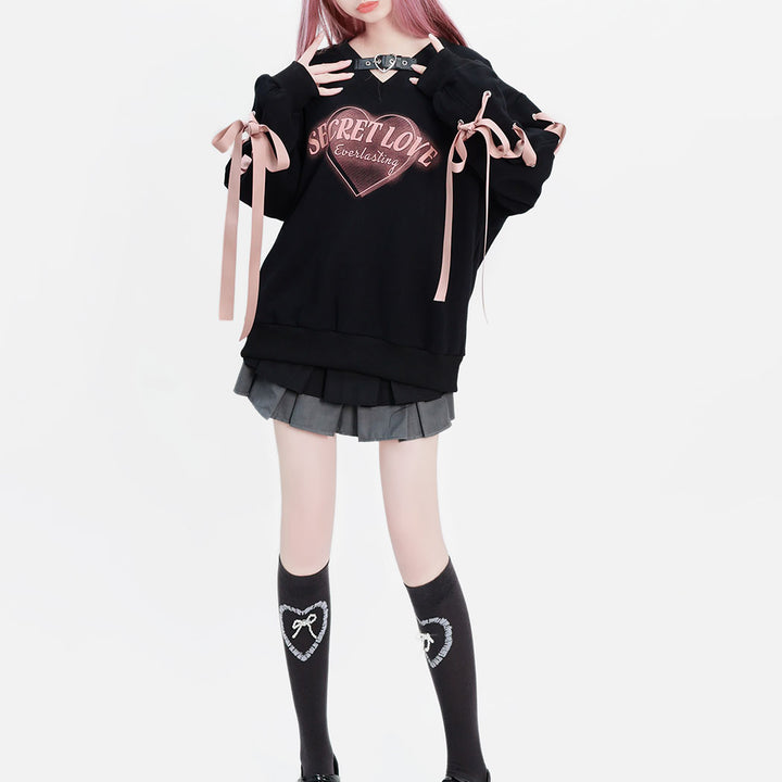 Heart Print Loose Fit Hoodie with V-Neck