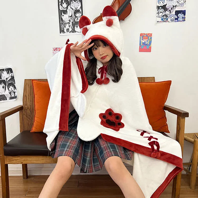 Cartoon Fox Plush Wearable Hooded Blanket
