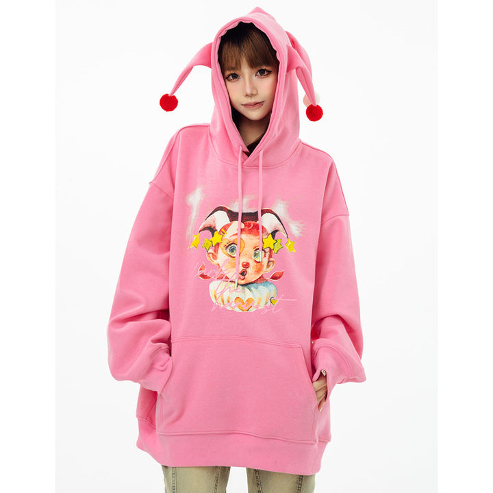 Circus Clown Print Pocket Loose Hoodie