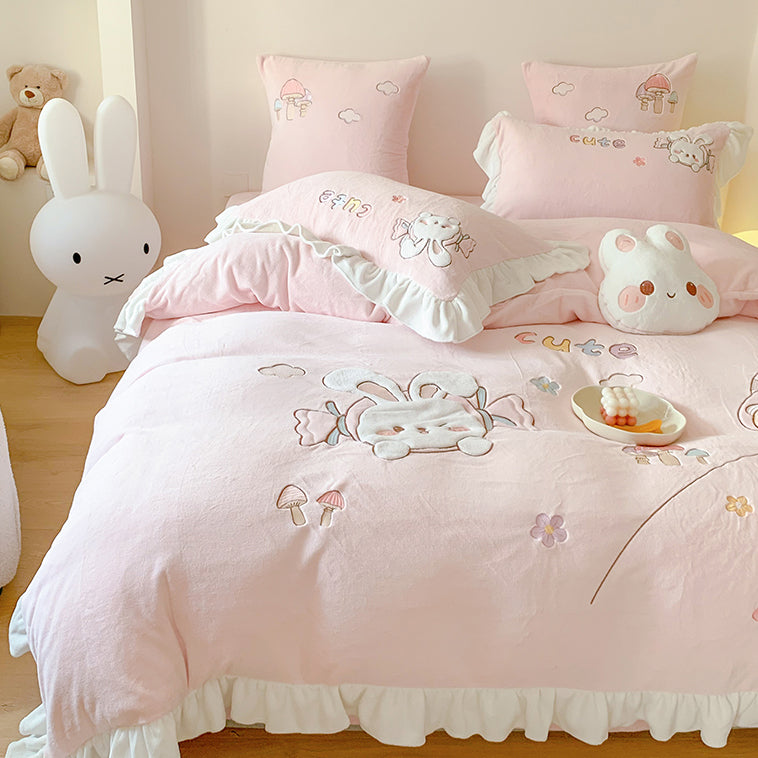 Cute Cartoon Rabbit Mushroom Embroidery Milk Velvet Autumn/Winter Duvet Cover Set