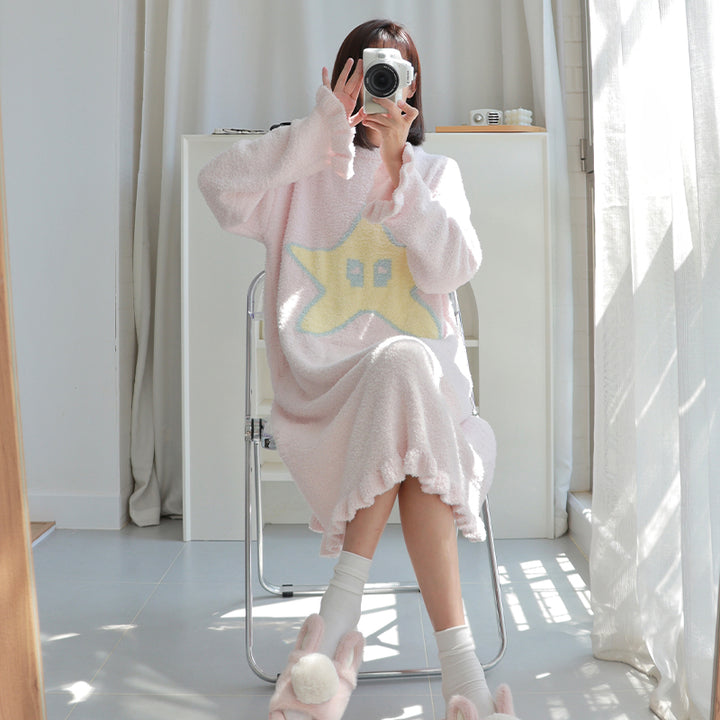 Cute Star Pattern Round Neck Winter Nightgown Pajamas Dress