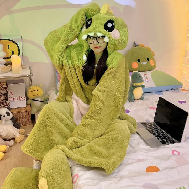 Funny Cartoon Dinosaur Plush Hooded Jumpsuit Pajamas Dress