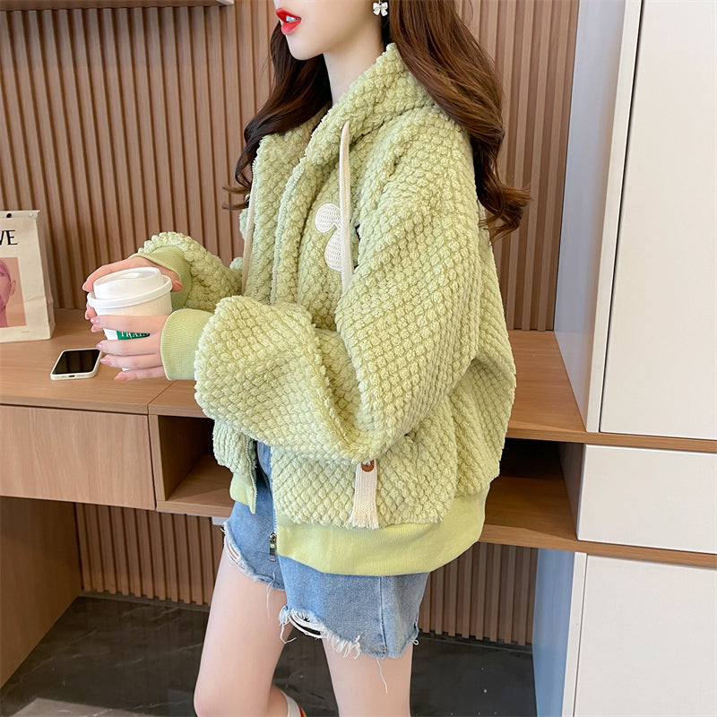 Korean-Style Loose-Fit Fleece Pocket Hooded Cardigan