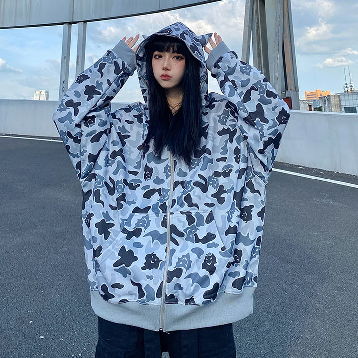Camouflage Print Pocket Zipper Loose Hooded Sweatshirt