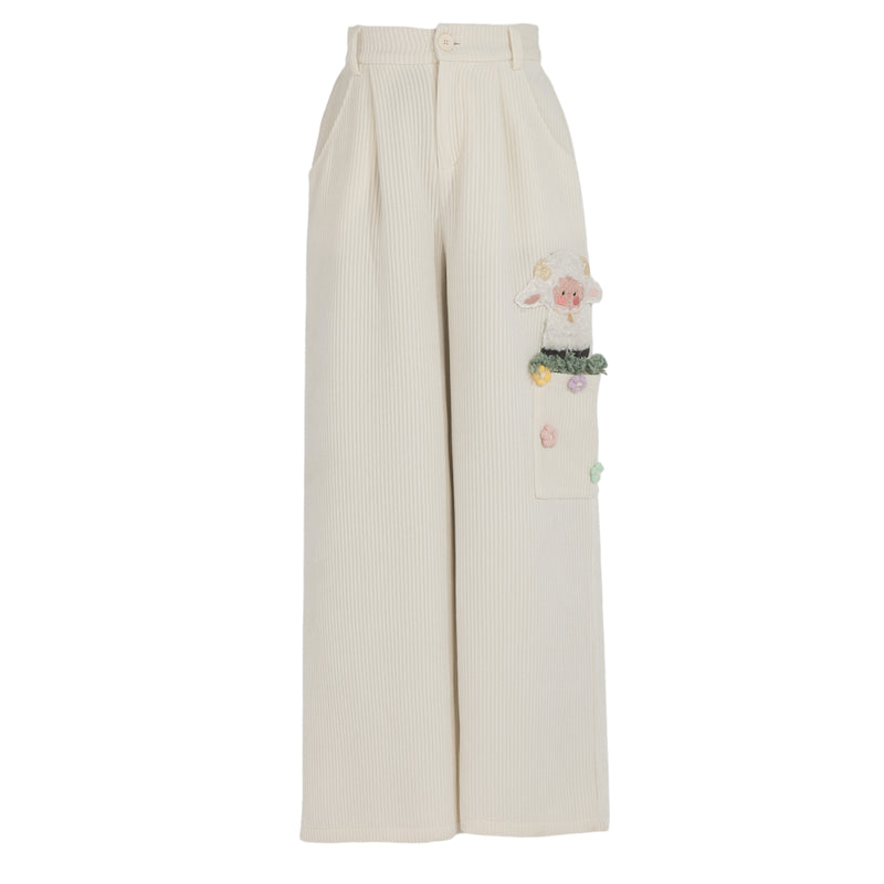 Cute Lamb Embroidered Straight-Leg Pants