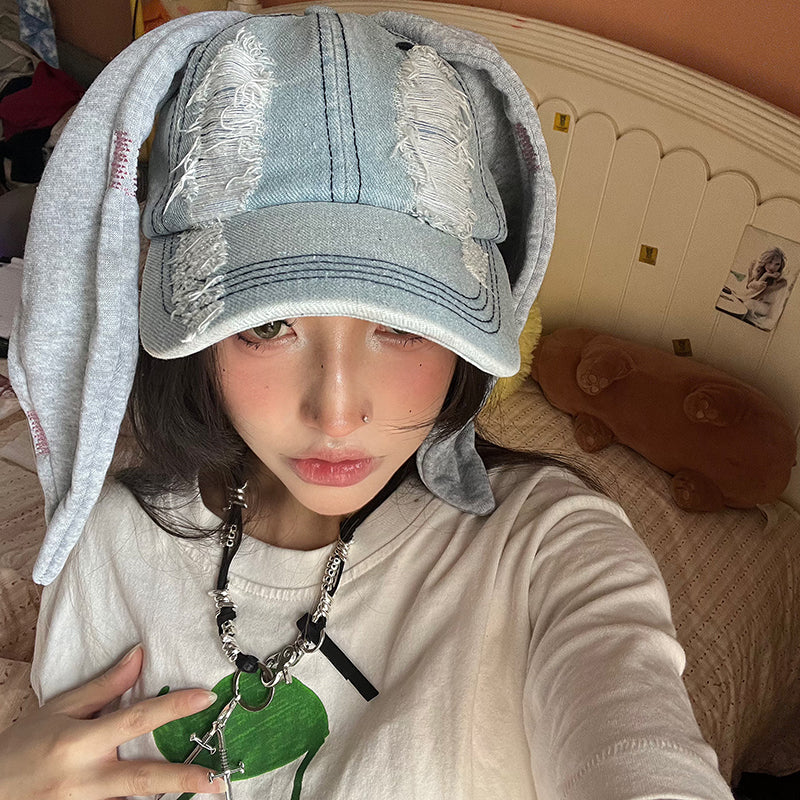 Distressed Long Bunny Ears Denim Duckbill Cap