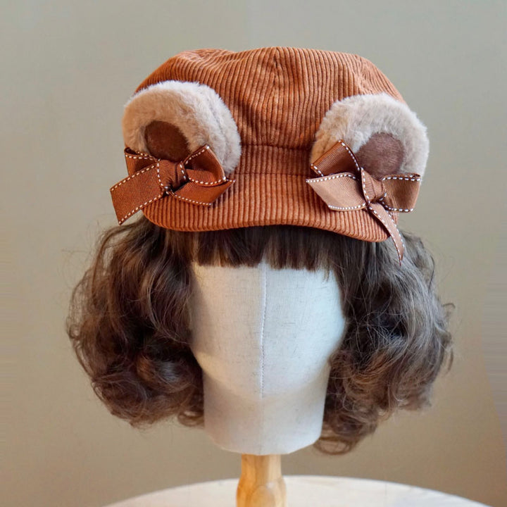 Velvet Bear Ear Corduroy Newsboy Cap with Bow
