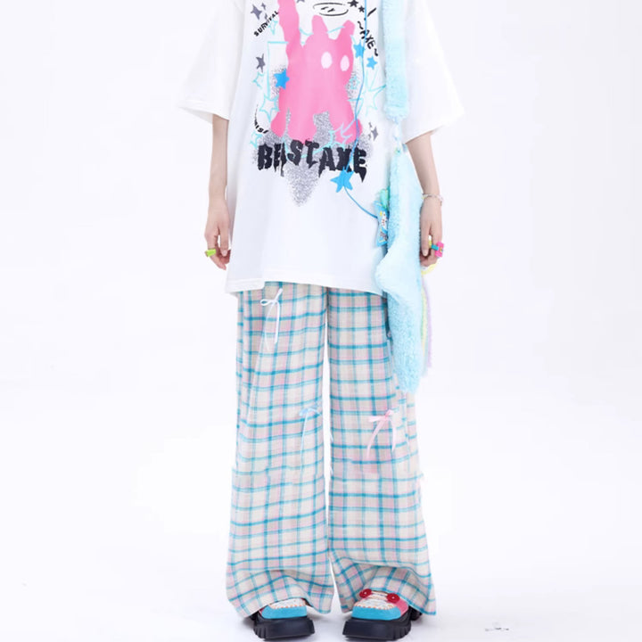 Summertime Chic Butterfly Bow Plaid Straight-Leg Pants