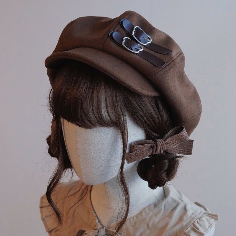 Brown Leather Buckle Beret