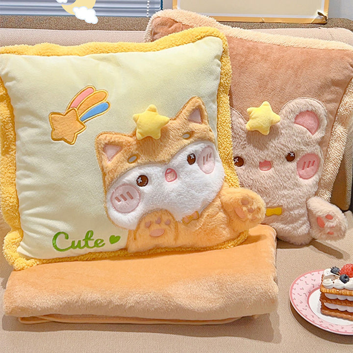 Cute Cartoon Animal Embroidery Pillow with Blanket