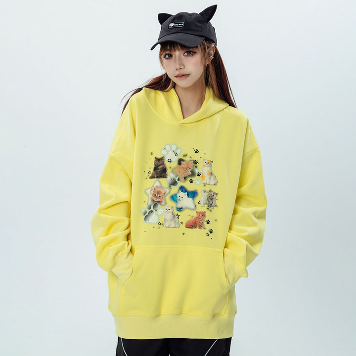 Kittys Print Pocket Loose Hoodie