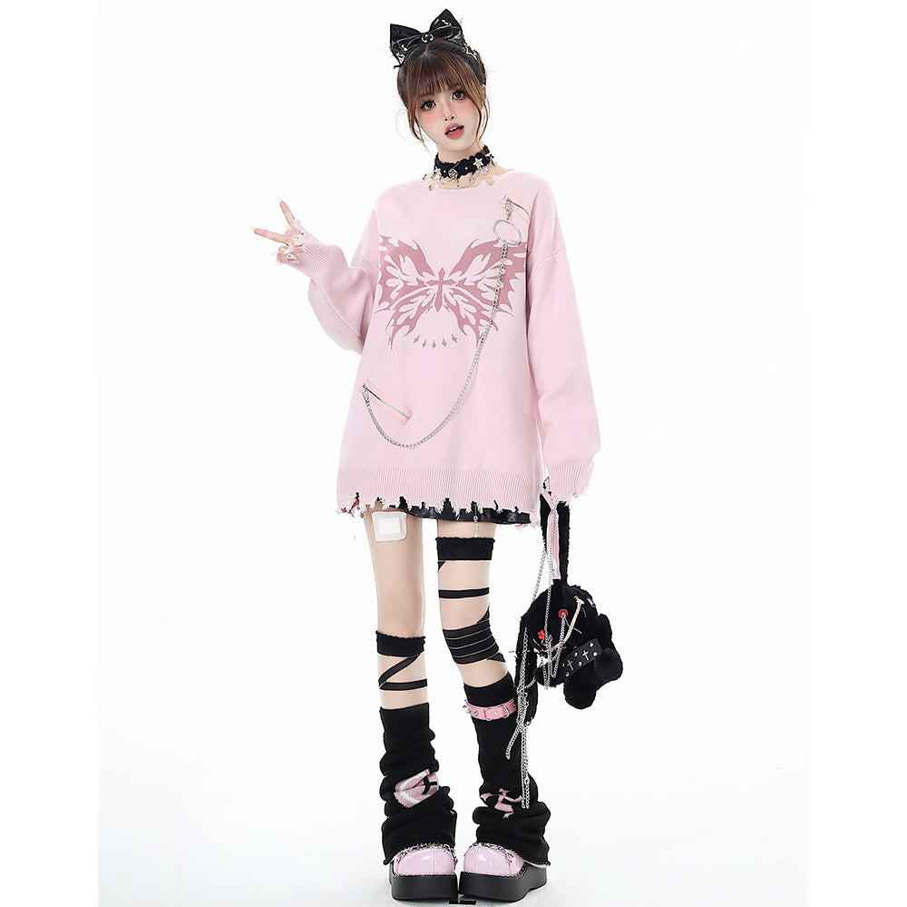 Butterfly Pattern Chain-Decorated Round Neck Knit Sweater