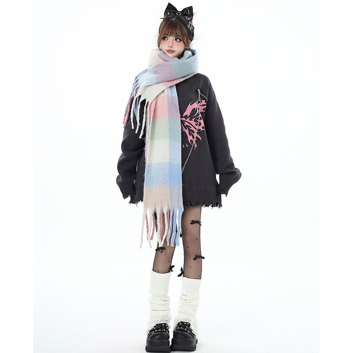 Butterfly Pattern Chain-Decorated Round Neck Knit Sweater