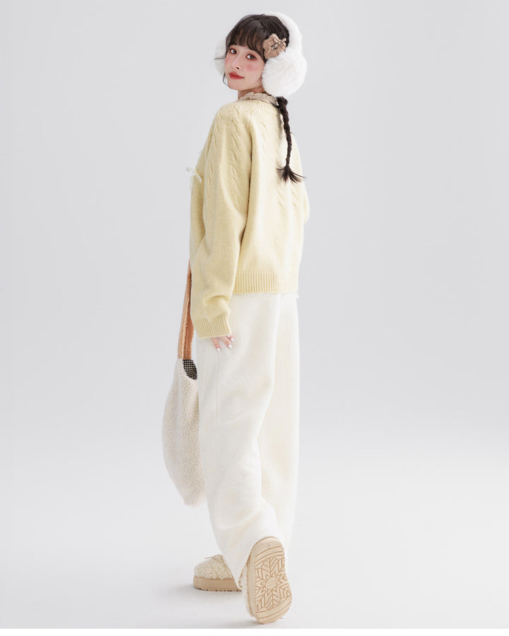 Bow Lazy Knit Sweater Winter Cozy Light Yellow/White/Blue