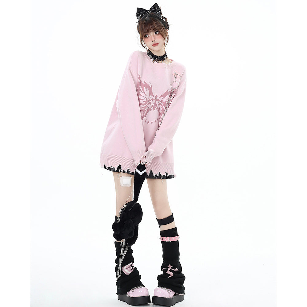 Butterfly Pattern Chain-Decorated Round Neck Knit Sweater
