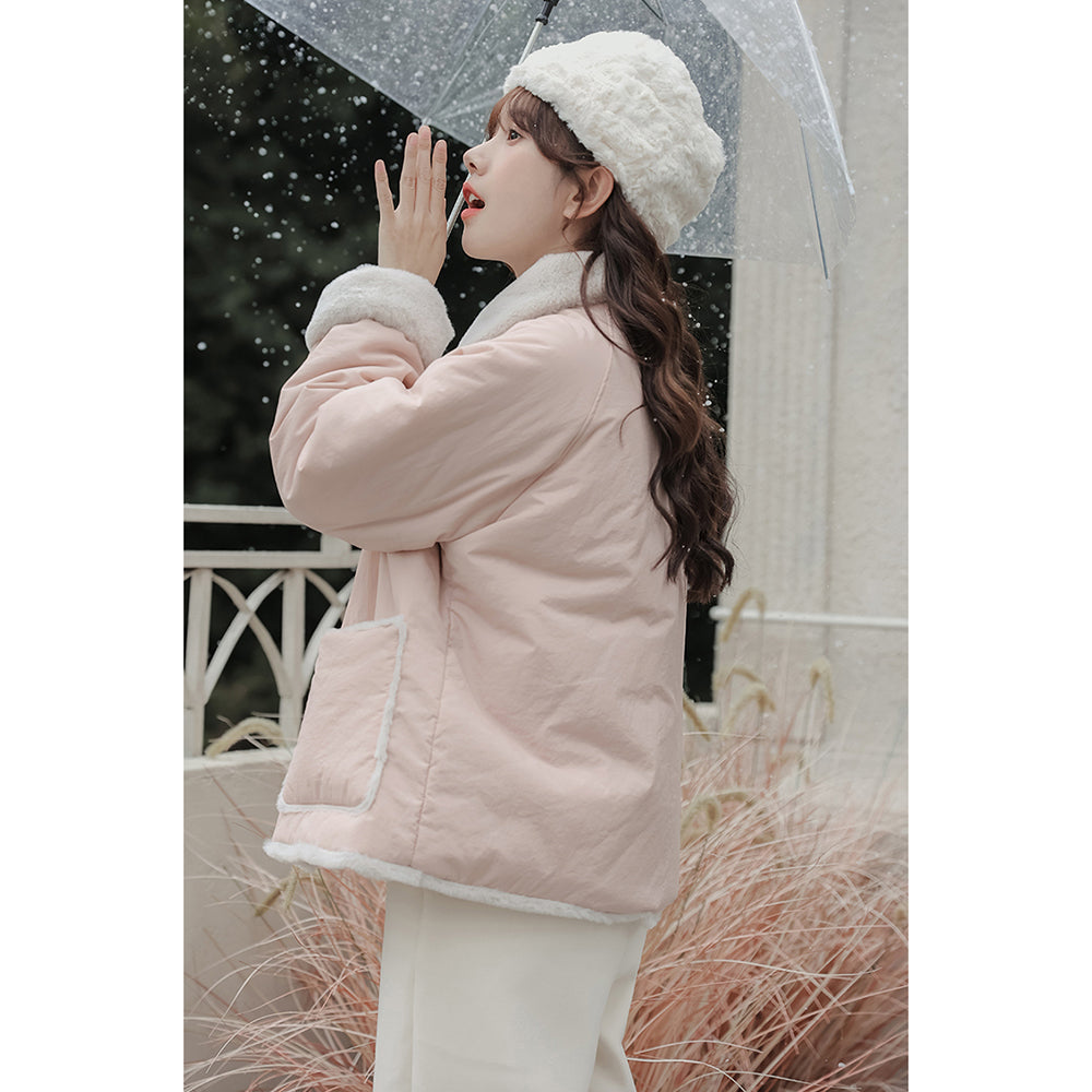 Thickened Pink Short Cotton Padded Coat for Autumn Winter