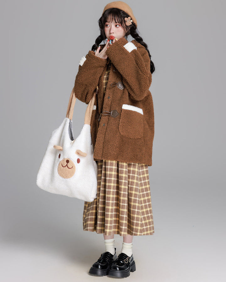 Cozy Brown/Cream White Toggle Shearling Coat
