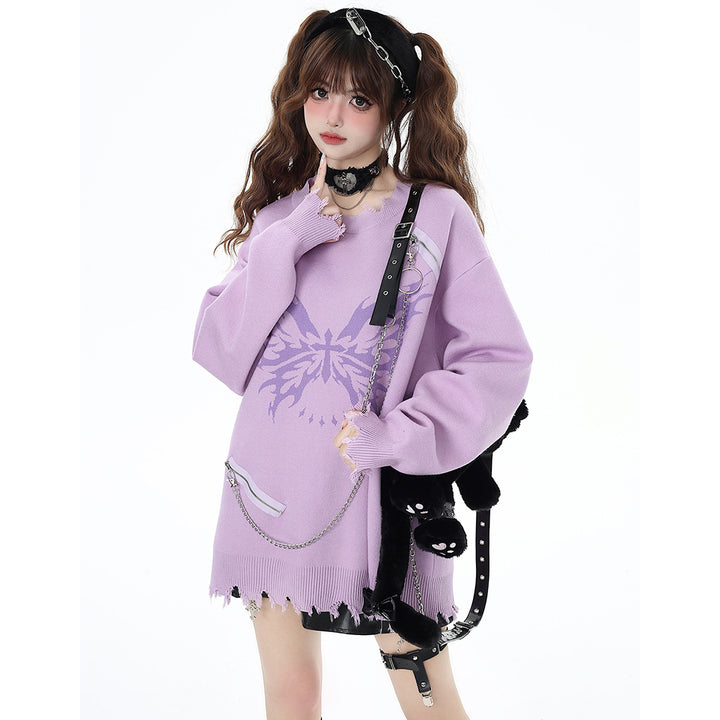 Butterfly Pattern Chain-Decorated Round Neck Knit Sweater