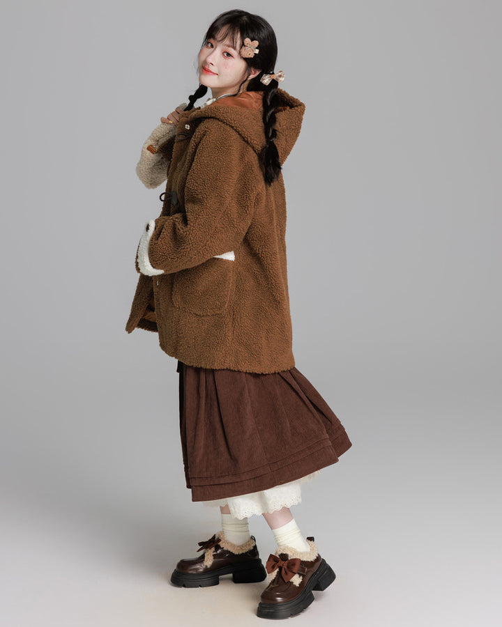 Cozy Brown/Cream White Toggle Shearling Coat