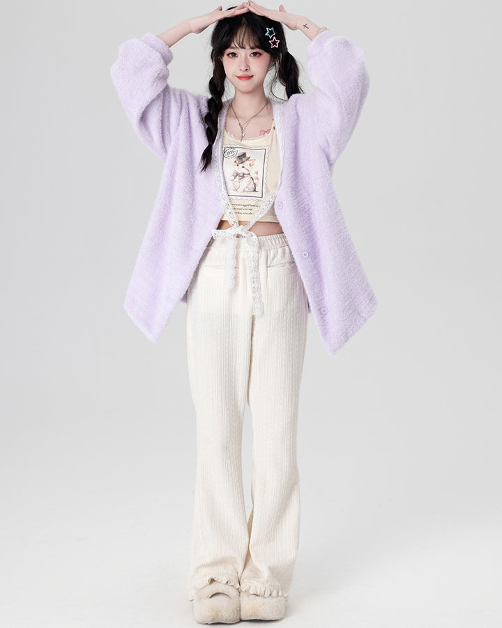Yellow / Purple Fluffy Mink Wool Cardigan Sweater