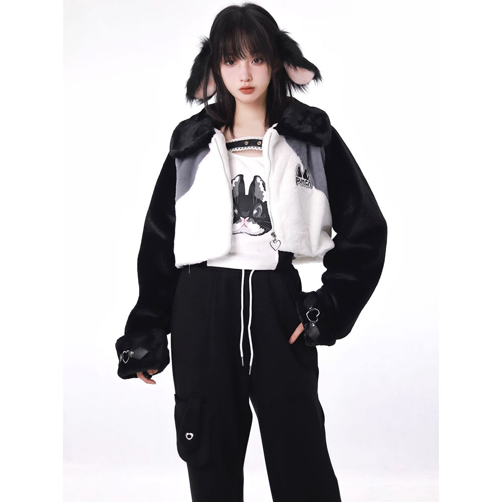 Kitty Pattern Coat Top Fleece Straight Leg Pants Hoodie