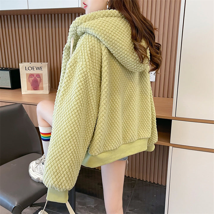 Korean-Style Loose-Fit Fleece Pocket Hooded Cardigan