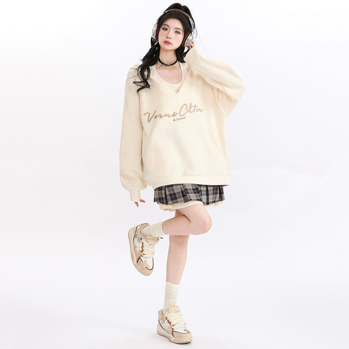 Letters Embroidery Pocket Loose Hooded Sweatshirt