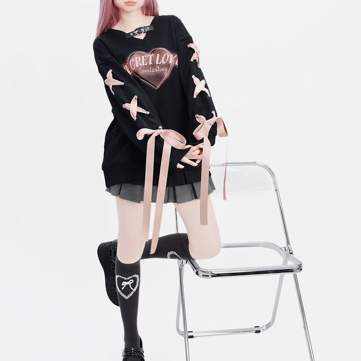 Heart Print Loose Fit Hoodie with V-Neck